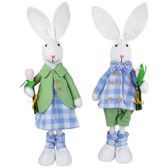 18.75" Bunny Couple in Matching Checkered Outfits Easter Figures Set By Northlight in Blue | 18.75" x 7" x 4" | Michaels®